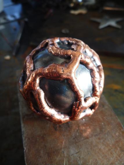 copper chime ball, flamingsteel.com, steel sculpture, steel art, roy mackey
